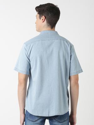blue solid denim casual shirt - 17277664 - Standard Image - 3