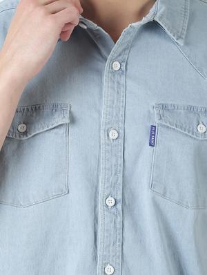 blue solid denim casual shirt - 17277664 - Standard Image - 5