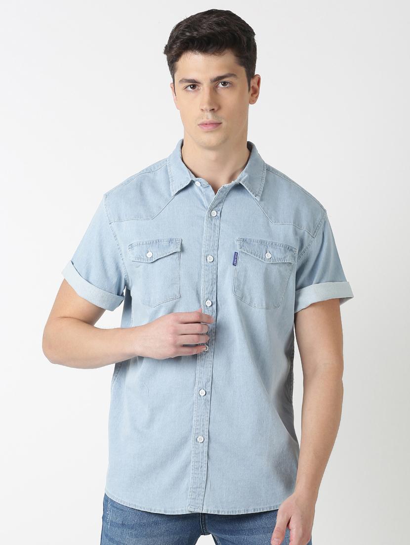 blue solid denim casual shirt - 17277664 - Zoom Image - 1