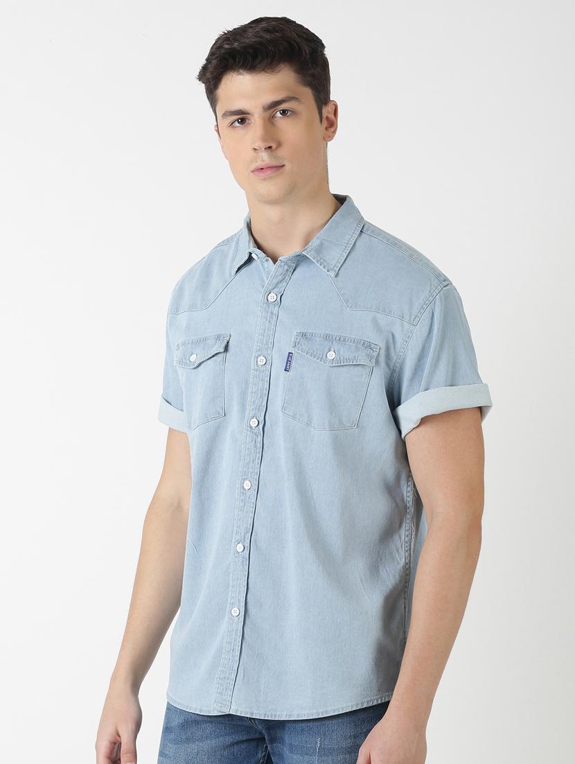 blue solid denim casual shirt - 17277664 - Zoom Image - 2