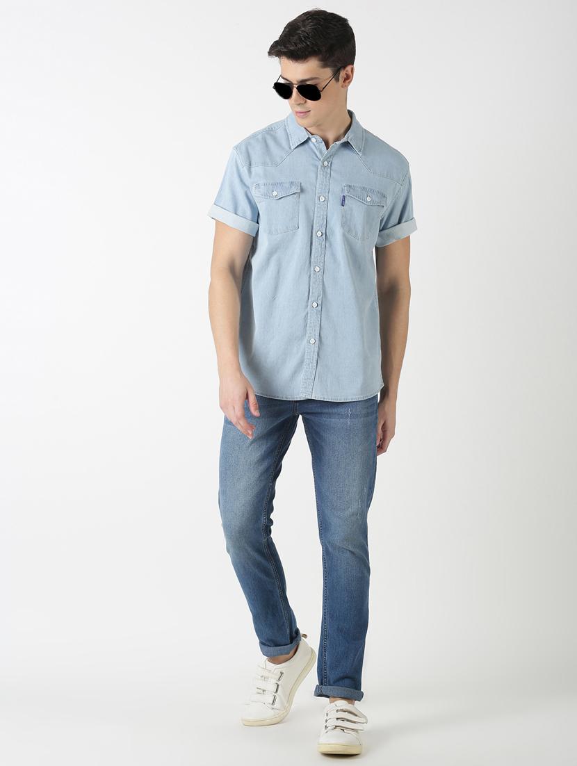 blue solid denim casual shirt - 17277664 - Zoom Image - 4