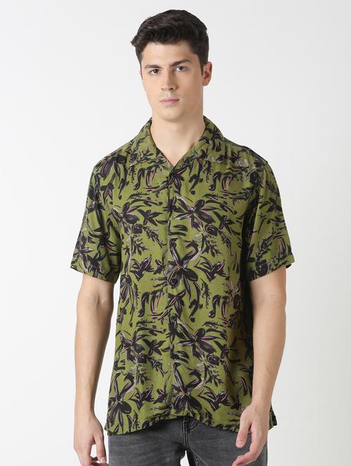 olive green printed casual shirt - 17277676 - Standard Image - 1
