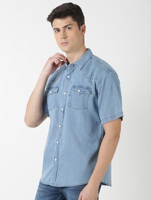 blue solid denim casual shirt - 17277685 - Standard Image - 2