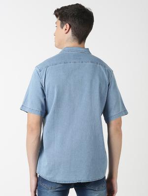 blue solid denim casual shirt - 17277685 - Standard Image - 3
