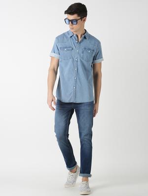blue solid denim casual shirt - 17277685 - Standard Image - 4