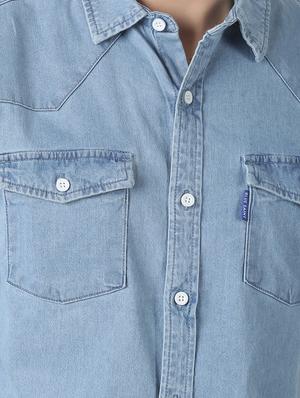 blue solid denim casual shirt - 17277685 - Standard Image - 5