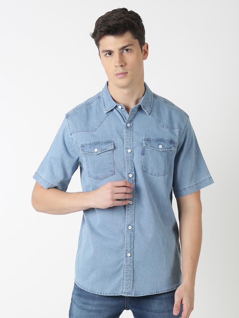 blue solid denim casual shirt - 17277685 - Zoom Image - 1
