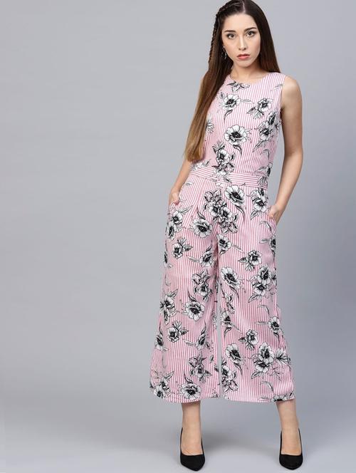 round neck striped full leg jumpsuit - 17279250 - Standard Image - 1