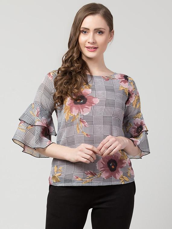 bell sleeved checkered top - 17281476 - Zoom Image - 1