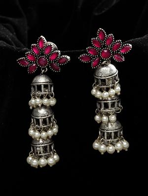 pink silver plated jhumka earring - 17283838 - Standard Image - 2