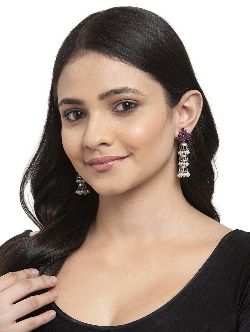 pink silver plated jhumka earring - 17283838 - Zoom Image - 4