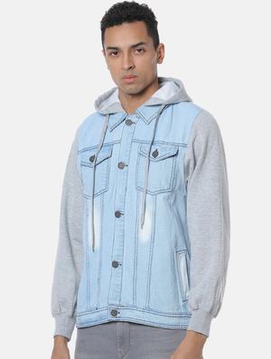 blue color block washed denim jacket - 17284225 - Standard Image - 2
