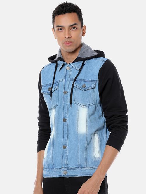 blue color block washed denim jacket - 17284226 - Standard Image - 1