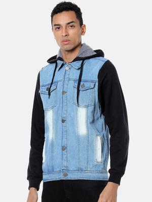 blue color block washed denim jacket - 17284226 - Standard Image - 2