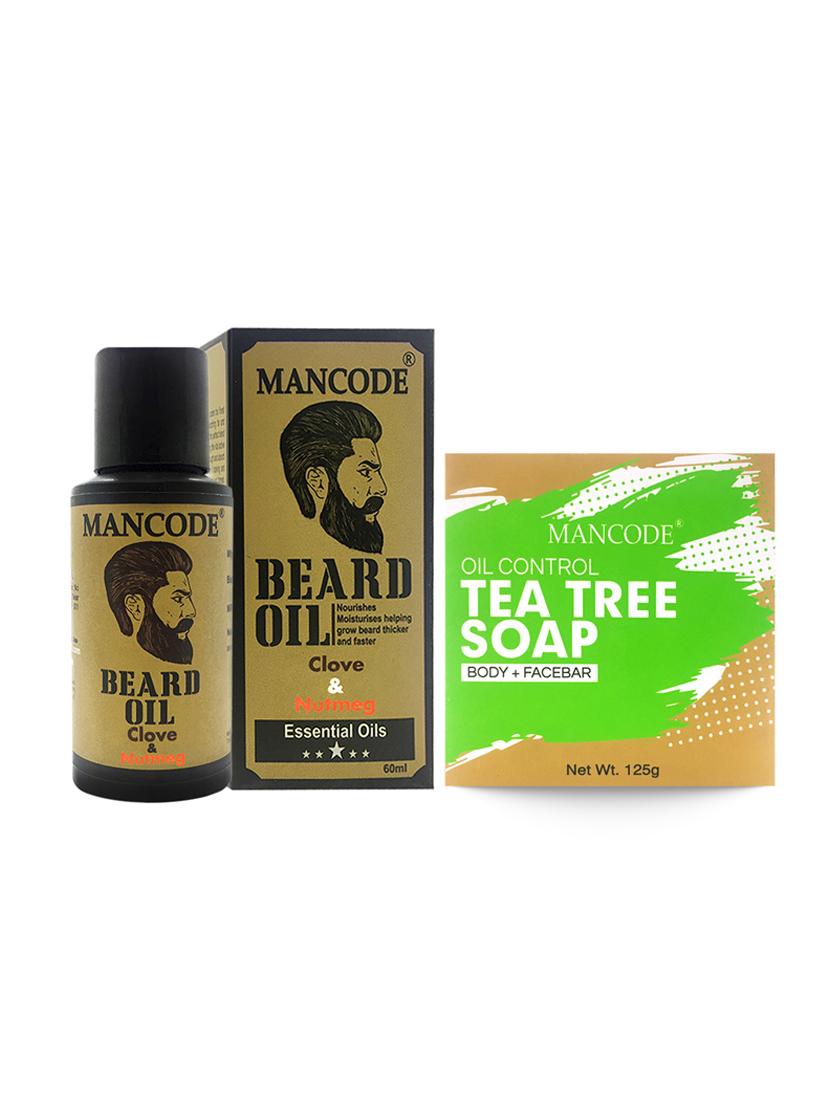 mancode beard oil clove & nutmeg, 60ml + mancode mancode tea tree oil control soap, 125gm - 17284900 - Zoom Image - 1