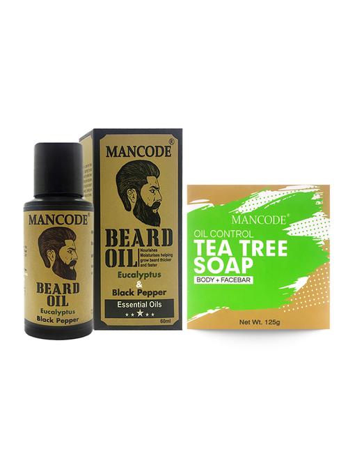 mancode beard oil eucalyptus & black pepper, 60ml + mancode tea tree oil control soap, 125gm - 17284909 - Standard Image - 1