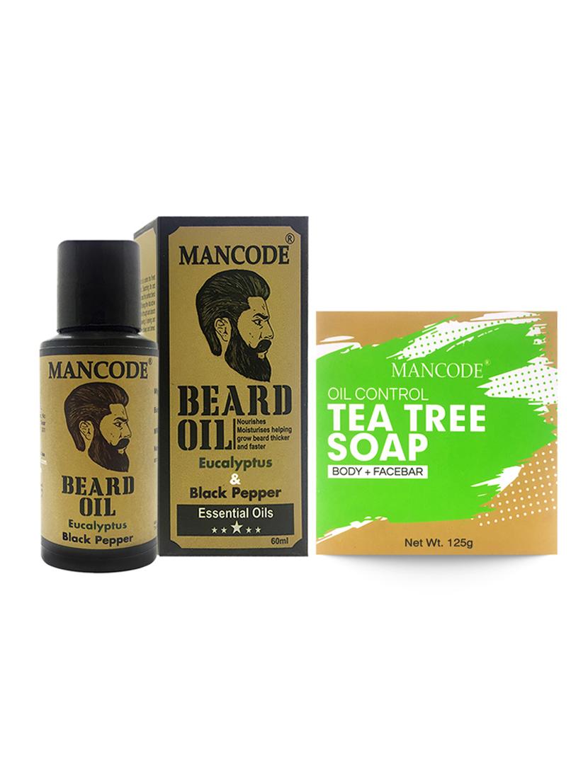 mancode beard oil eucalyptus & black pepper, 60ml + mancode tea tree oil control soap, 125gm - 17284909 - Zoom Image - 1