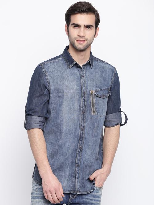 blue faded denim casual shirt - 17286079 - Standard Image - 1