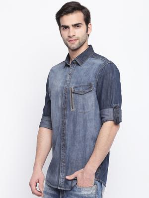 blue faded denim casual shirt - 17286079 - Standard Image - 2