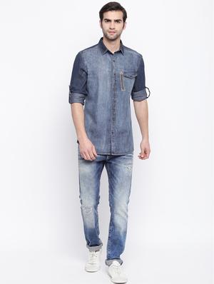blue faded denim casual shirt - 17286079 - Standard Image - 4