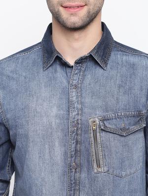 blue faded denim casual shirt - 17286079 - Standard Image - 5