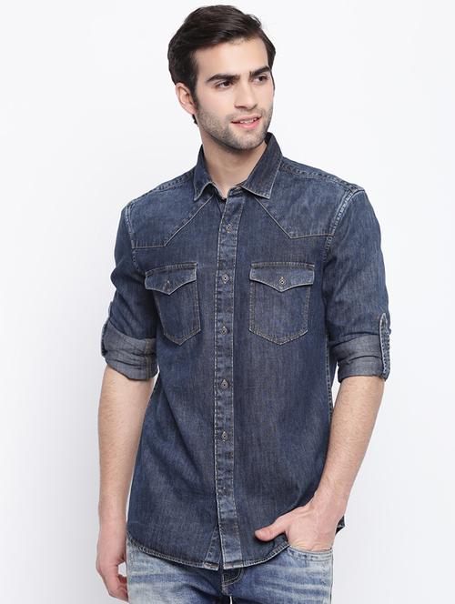blue solid denim casual shirt - 17286080 - Standard Image - 1