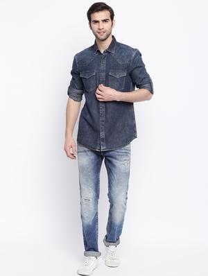 blue solid denim casual shirt - 17286080 - Standard Image - 4