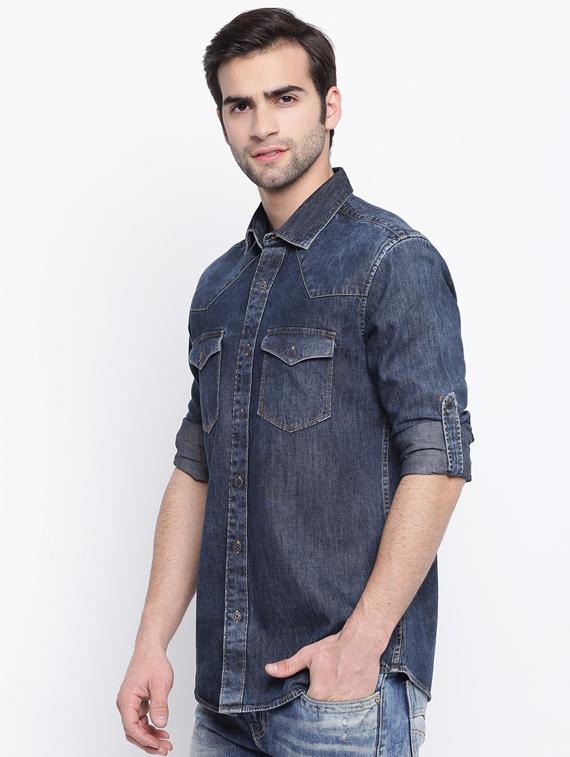 blue solid denim casual shirt - 17286080 - Zoom Image - 2