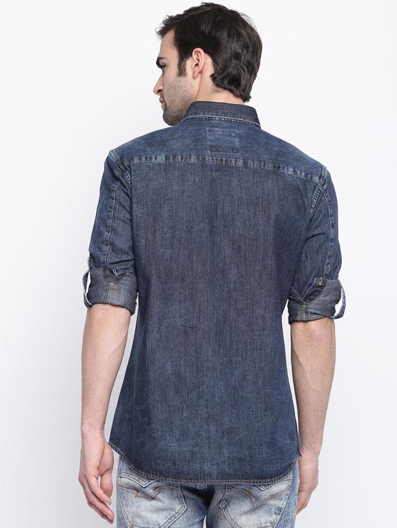 blue solid denim casual shirt - 17286080 - Zoom Image - 3