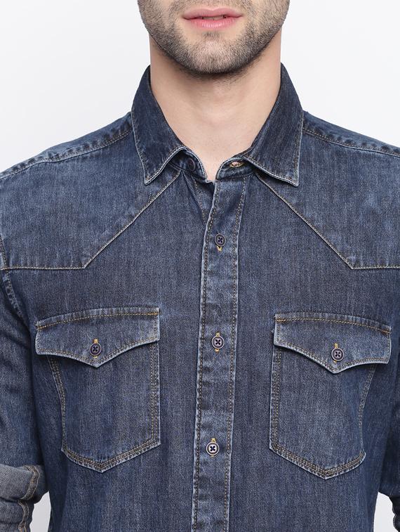 blue solid denim casual shirt - 17286080 - Zoom Image - 5
