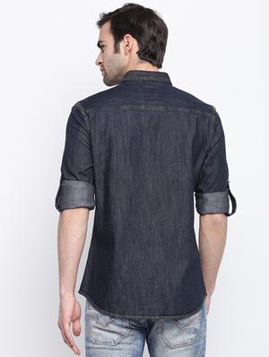 dark blue solid denim casual shirt - 17286081 - Standard Image - 3