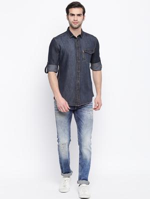 dark blue solid denim casual shirt - 17286081 - Standard Image - 4