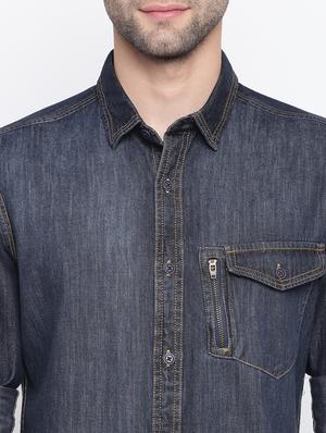 dark blue solid denim casual shirt - 17286081 - Standard Image - 5