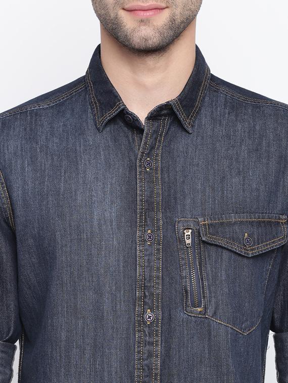 dark blue solid denim casual shirt - 17286081 - Zoom Image - 5