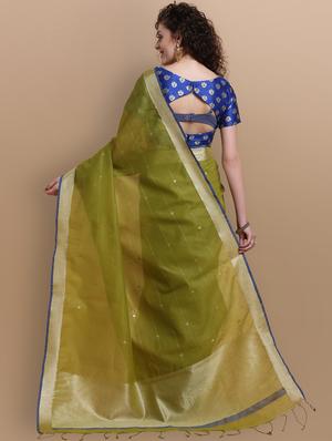 mehandi linen bordered saree with blouse - 17287843 - Standard Image - 2