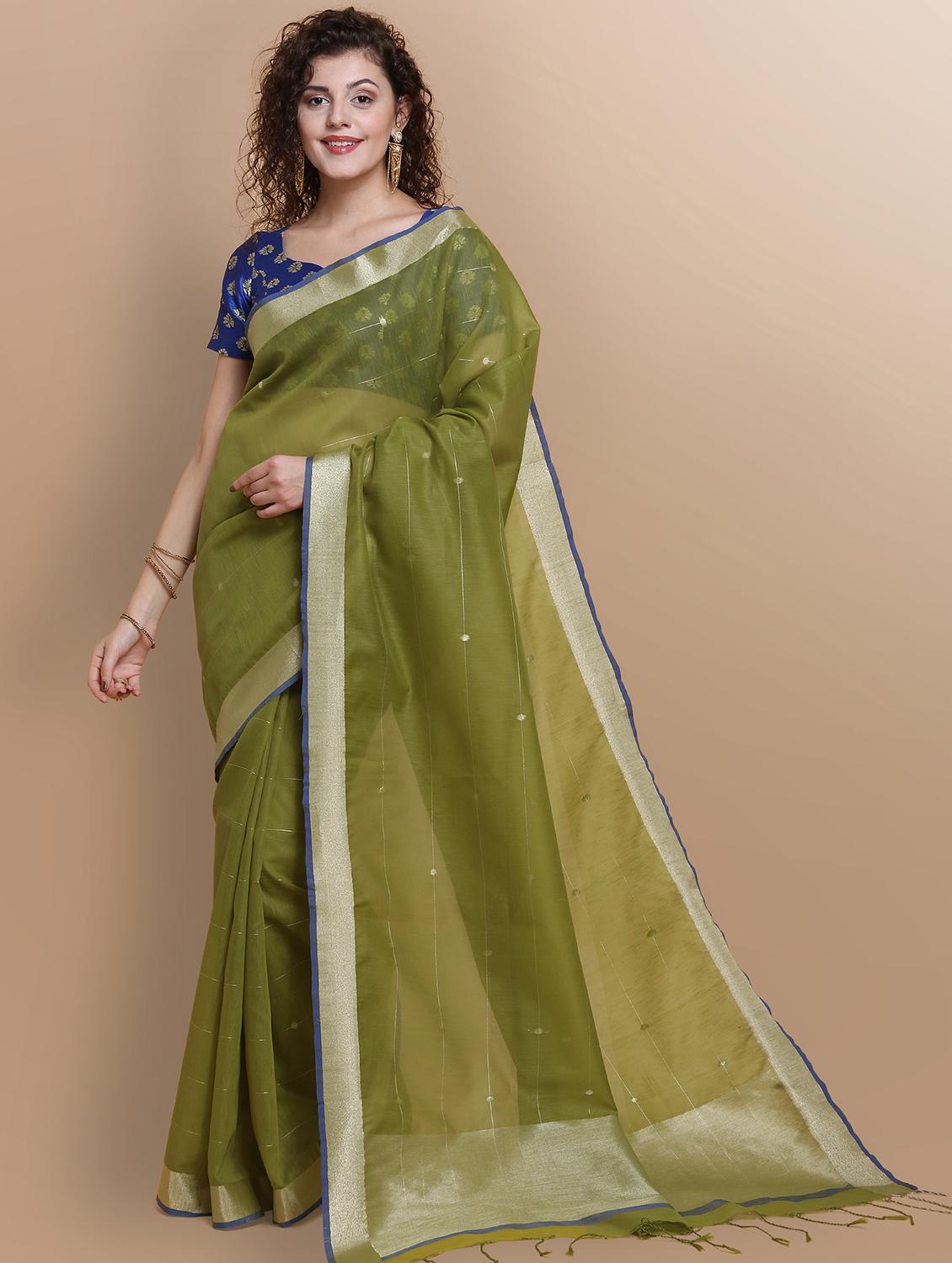 mehandi linen bordered saree with blouse - 17287843 - Zoom Image - 1