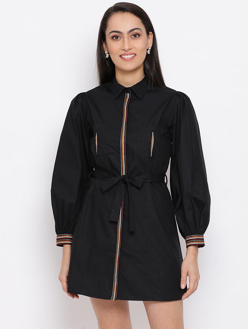 tie front contrast taped shirt dress - 17288233 - Zoom Image - 1