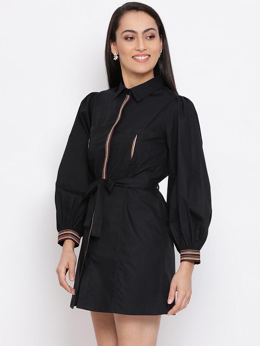 tie front contrast taped shirt dress - 17288233 - Zoom Image - 2