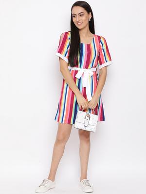 tie front striped belted dress - 17288234 - Standard Image - 4