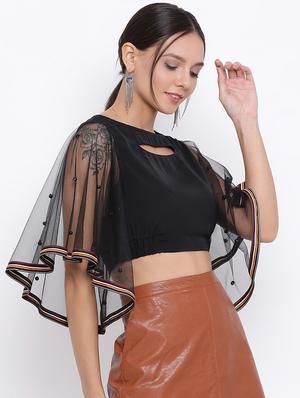pearl embellished bell sleeved crop top - 17288248 - Standard Image - 2