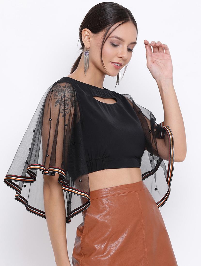 pearl embellished bell sleeved crop top - 17288248 - Zoom Image - 2