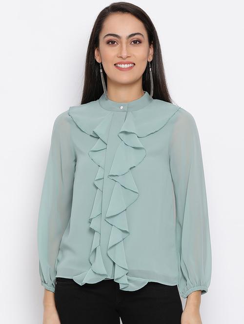 mandarin neck ruffle top - 17288317 - Standard Image - 1