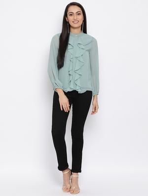 mandarin neck ruffle top - 17288317 - Standard Image - 4