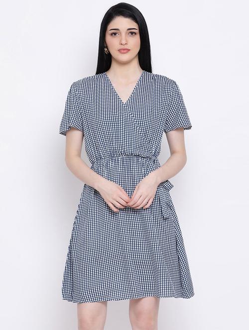 overlap neck checkered a-line dress - 17288482 - Standard Image - 1