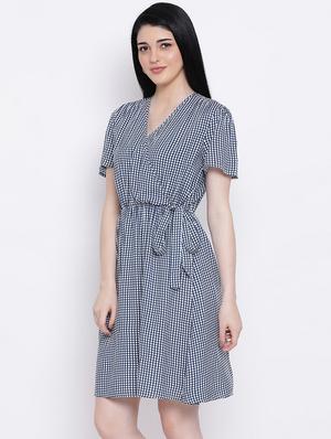 overlap neck checkered a-line dress - 17288482 - Standard Image - 2