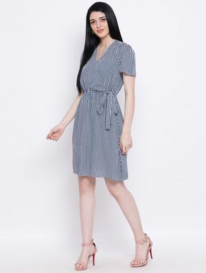 overlap neck checkered a-line dress - 17288482 - Standard Image - 4