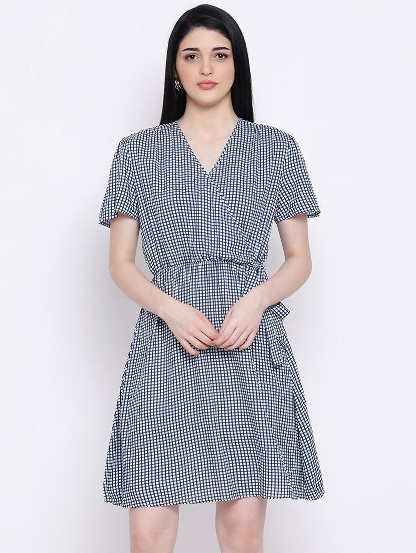 overlap neck checkered a-line dress - 17288482 - Zoom Image - 1
