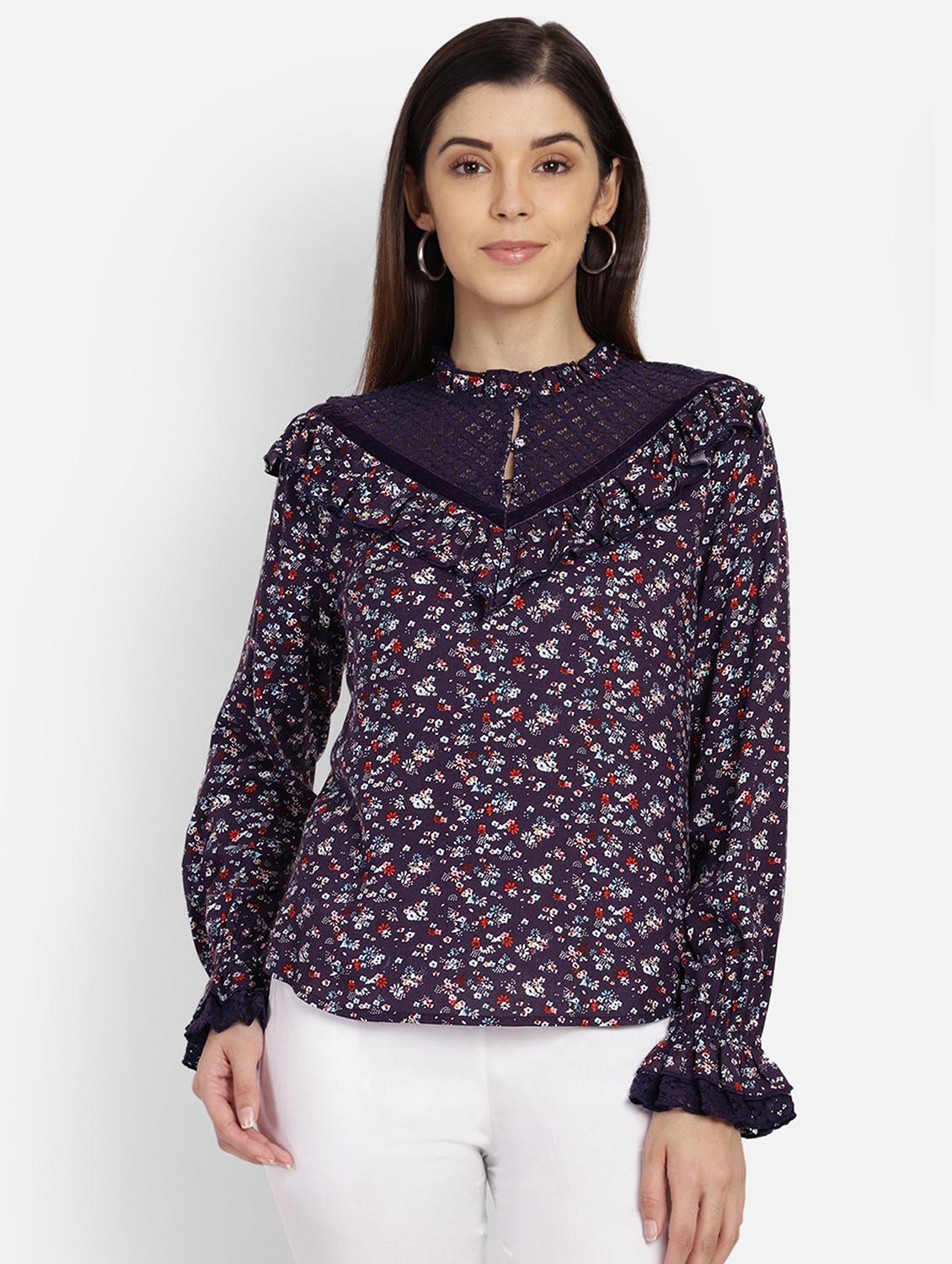 mesh detail ditsy floral top - 17288563 - Zoom Image - 1