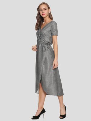 tie front metallic wrap dress - 17289330 - Standard Image - 2
