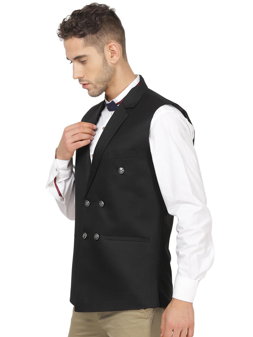 black solid double breasted waist coat - 17289456 - Zoom Image - 2